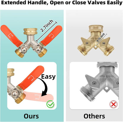 Hose Splitter 2 Way, Brass High Flow Garden Hose Splitter Heavy Duty, Hose Connector, Water Spigot Splitter, Full Flow Faucet Splitters with shutoff, 3/4” GHT Inlet