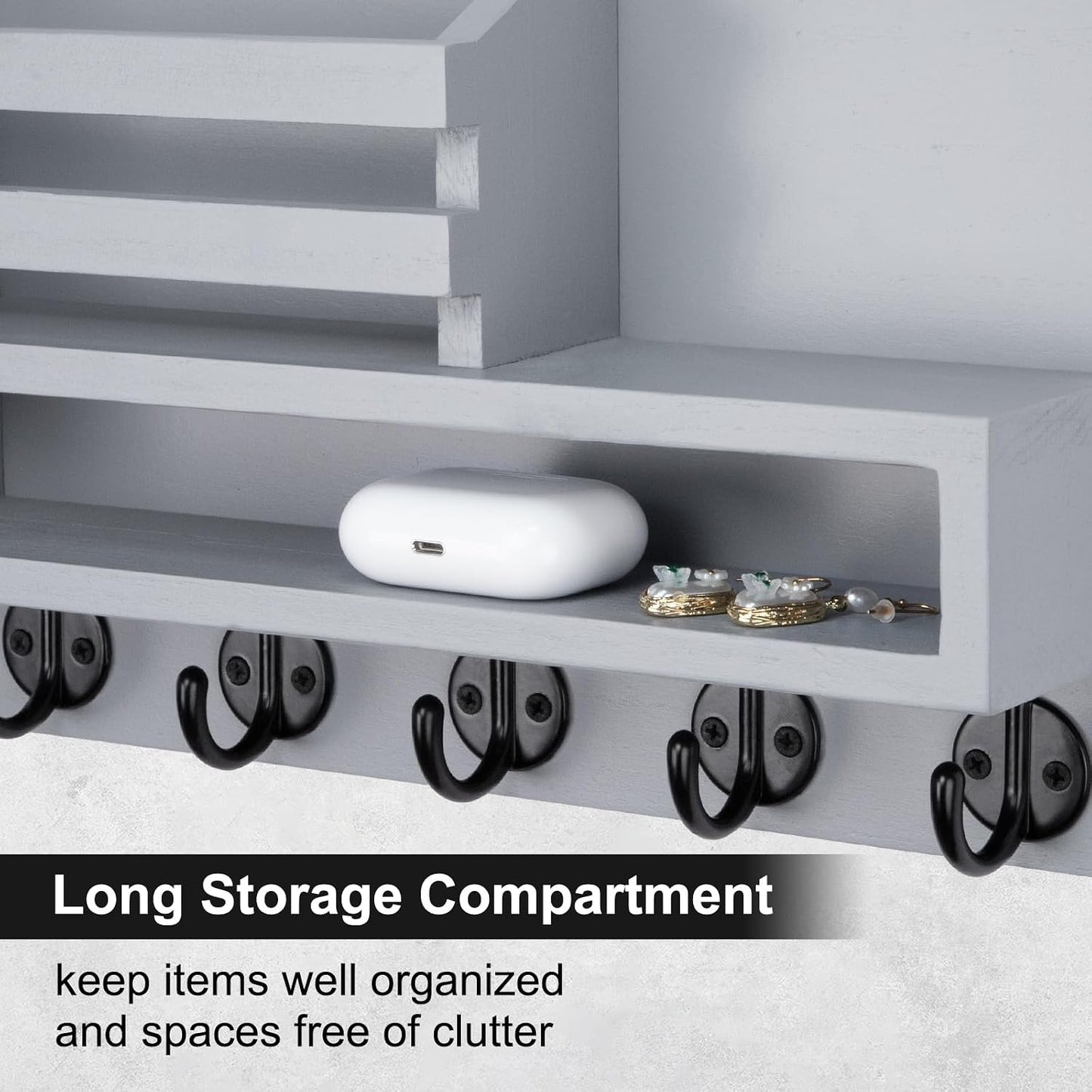 Key and Mail Holder Wall Mount, Key Hanger with Long Storage Box and 5 Hooks for Coat, Dog Leash, Home Decor Rack, House Accessories, Entry Way Organizer 11.8”W x 7.8”H x 3.2”D