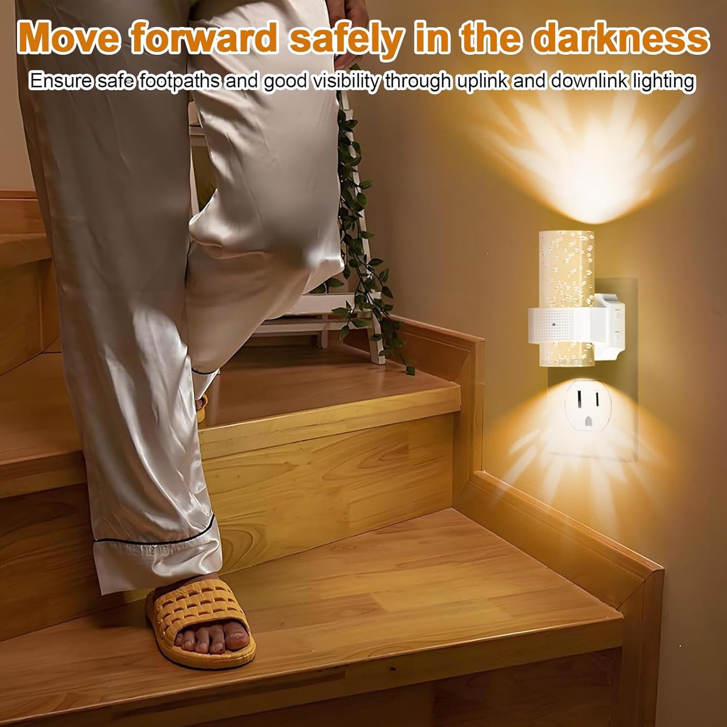 Night Lights Plug into Wall, 2 Pack Acrylic Stair Light, 7 Colors Dimmable Nightlight with 0-100 LM Adjustable Brightness, 3000K Plug in Wall Lamp with Dusk to Dawn Sensor, for Bedroom, Hallway