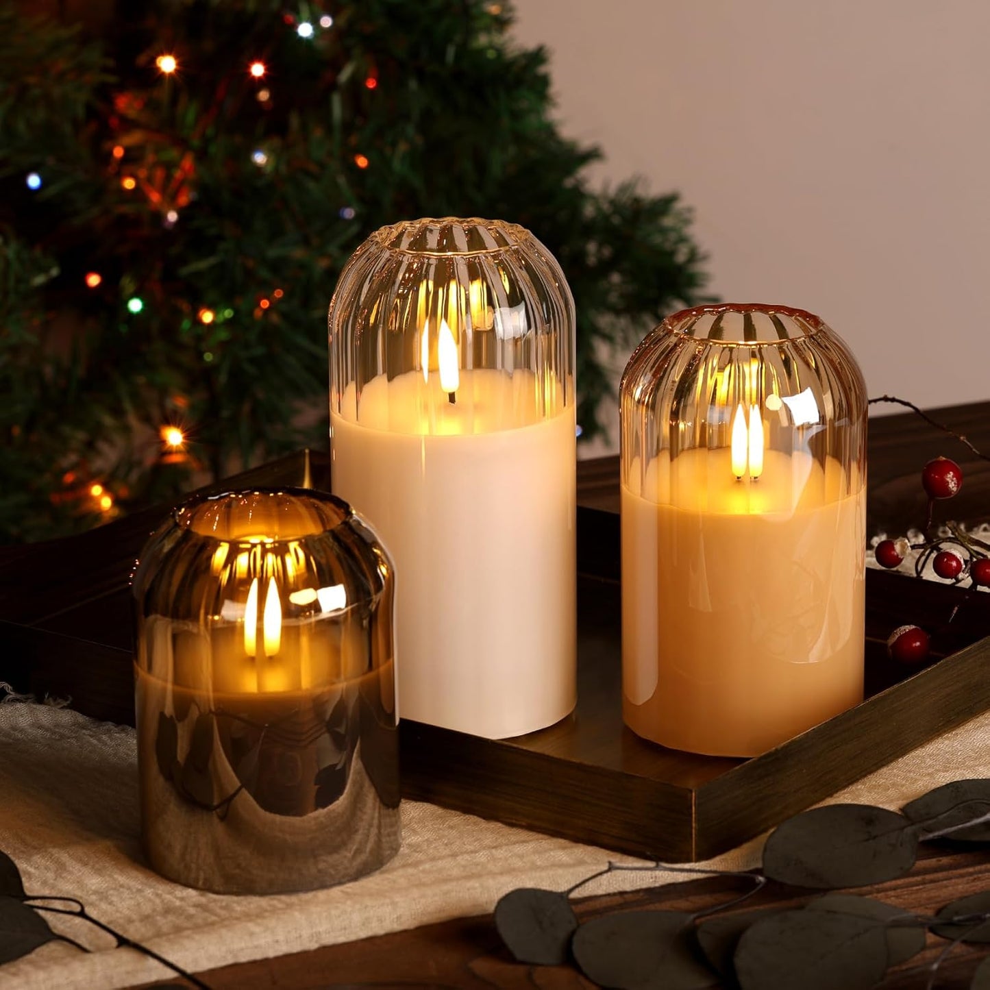 Grey Glass Flameless Pillar Candles with Remote, Flickering Battery LED Candles Table Decor Gift Set of 3