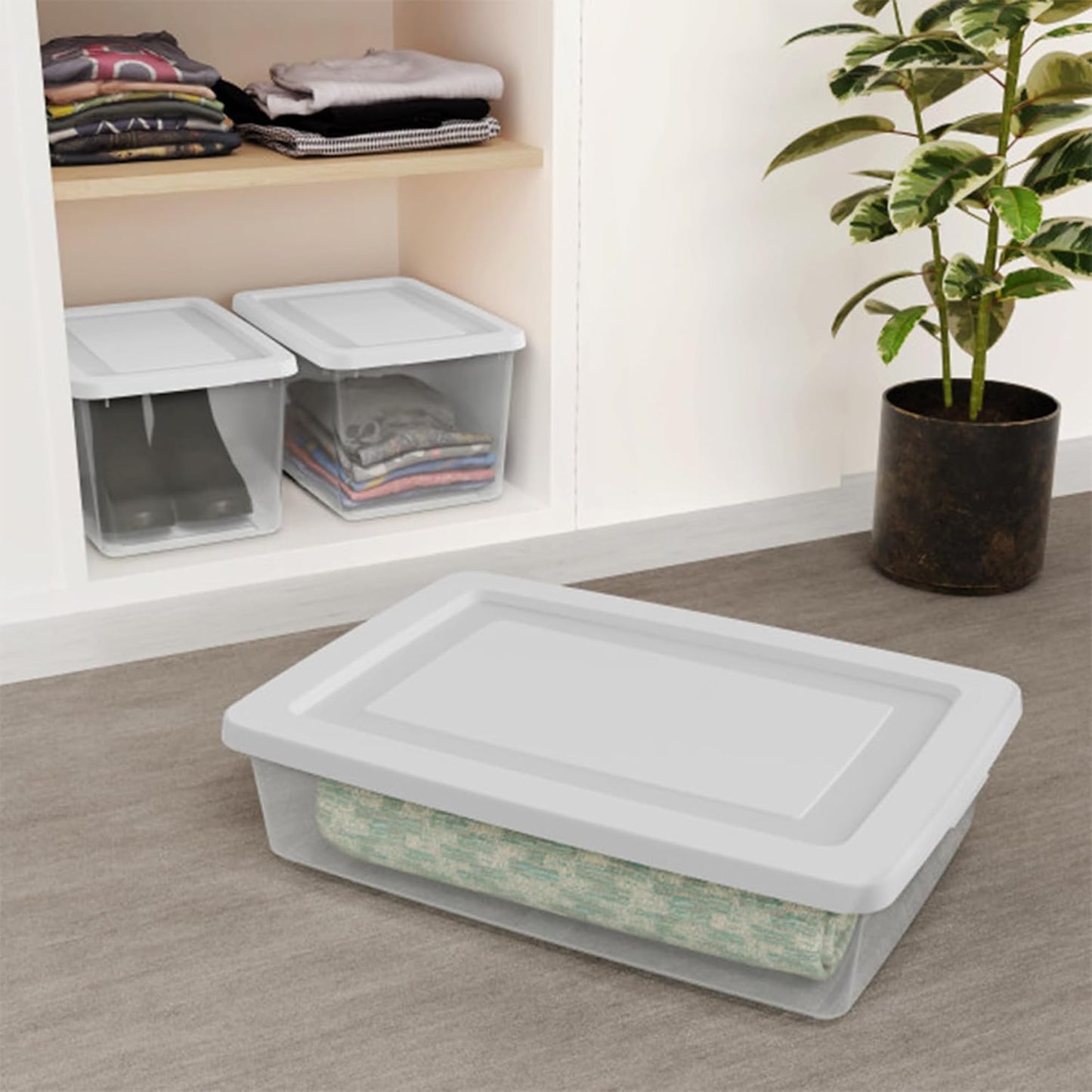 Sterilite 6 Pack Storage Box, 41 Quart Stackable Tote, Clear Plastic Container with Secure Snapping White Lids for Home and Office Organization