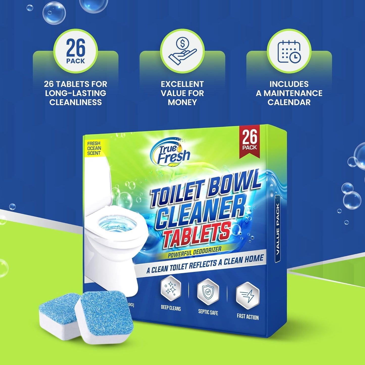 True Fresh Toilet Bowl Cleaner Tablets 26 Pack Deodorizer & Septic Safe Deep Cleaning, Odor Eliminator, Stain Remover for Long-Lasting Freshness Fresh Ocean Scent