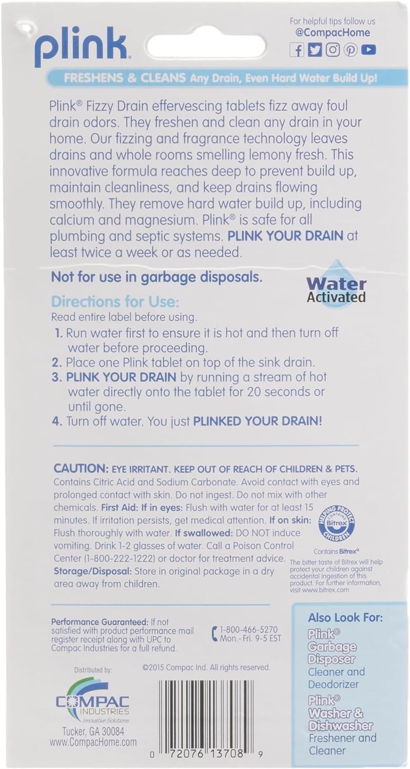 COMPAC HOME Plink Sink Drain Cleaner and Deodorizer, Air Fresheners for Garbage Disposal, Lemon Scented, Home Accessory Cleaning Products for Kitchen and Clogged Drain, 6 Tablets (Pack of 1)