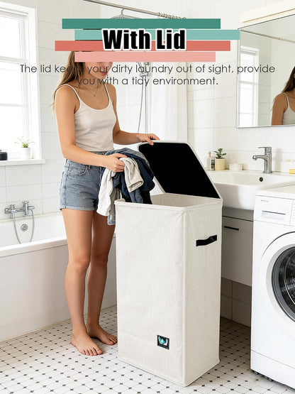 WTREE Laundry Hamper with Lid, Reinforced Sturdy Clothes Hamper with Anti-Puncture Base, Large Collapsible Laundry Basket with Removable Liner Bag, Tall Dirty Clothes Bin for Family, 100L Grey