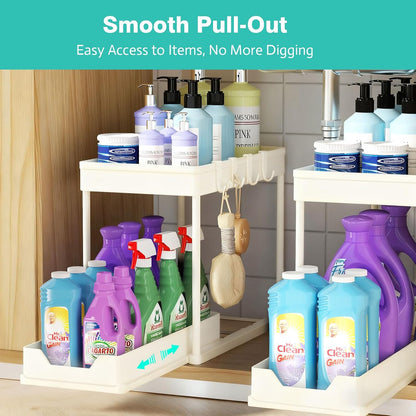 Under Sink Organizers and Storage 2 Pack, Pull-Out Sliding Cabinet Organizer with 2-Tier Storage Shelf & 4 Hooks, Multi-Purpose for Kitchen & Bathroom (13 Inch, White)