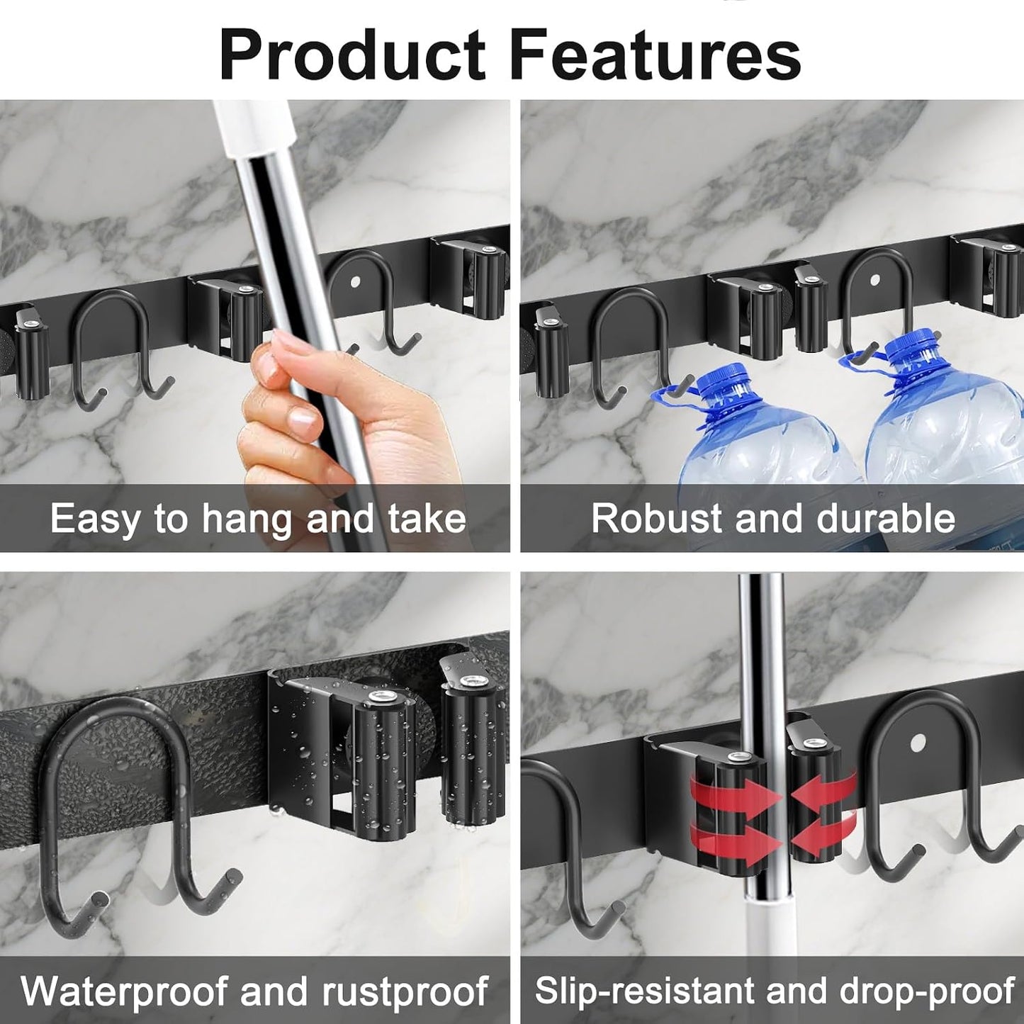 Broom Holder Wall Mount, Stainless Steel Mop Hanger with 4 Slots 6 Hooks, Tool Storage Wall Organizer for Kitchen Garden Garage Laundry Room Bathroom and RV, Black 1-Pack