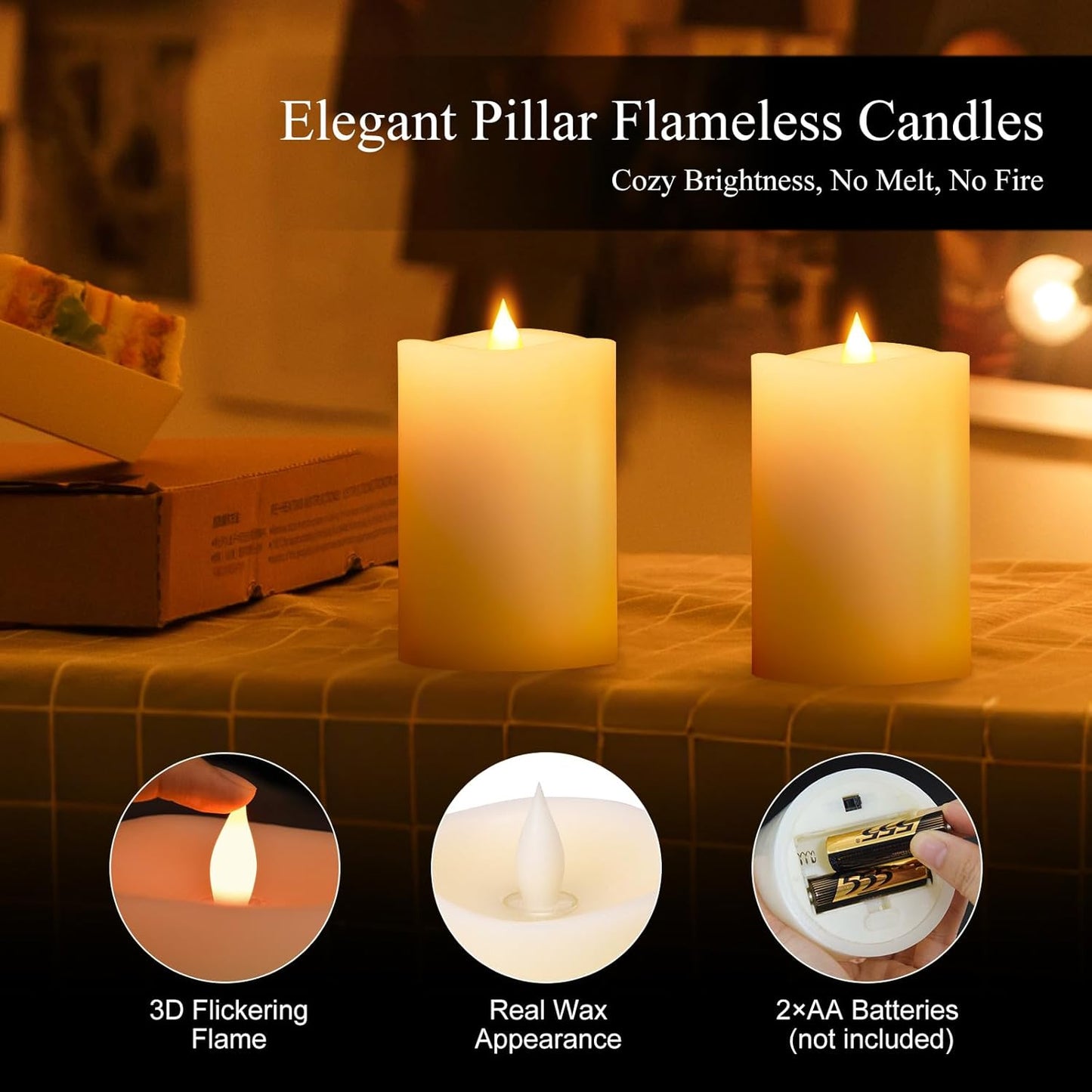 3x4 Flickering Flameless Candles Set of 3,Real Wax Pillar LED Candles,with Timer,4 inch Flameless Candles with Remote,for Party Wedding Holiday Home Decor,Ivory