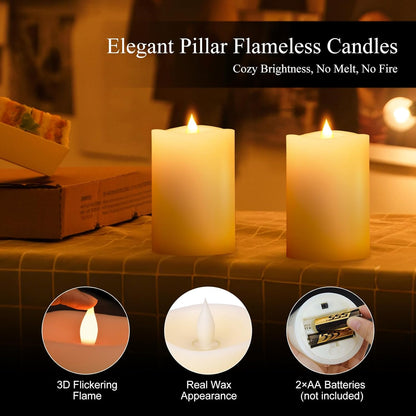 3x4 Flickering Flameless Candles Set of 3,Real Wax Pillar LED Candles,with Timer,4 inch Flameless Candles with Remote,for Party Wedding Holiday Home Decor,Ivory