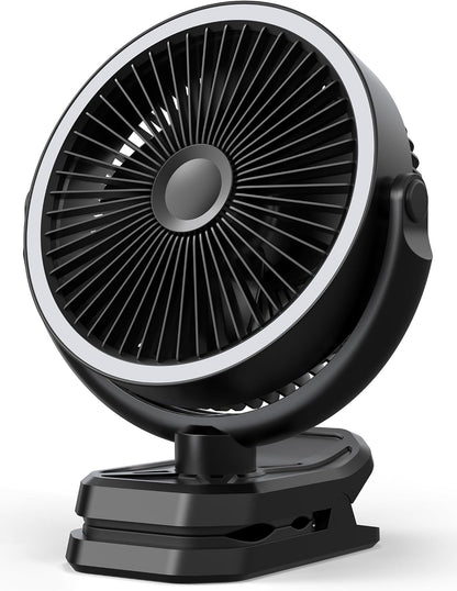 10000mAh Portable Clip on Fan Rechargeable, 8 Inch Battery Powered Desk Fan, LED Lantern, 360° Rotate & 3 Speeds Strong Airflow for Camping Tent Office Outdoor Travel Golf Cart，Black