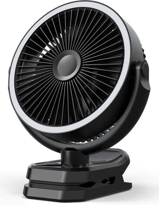 10000mAh Portable Clip on Fan Rechargeable, 8 Inch Battery Powered Desk Fan, LED Lantern, 360° Rotate & 3 Speeds Strong Airflow for Camping Tent Office Outdoor Travel Golf Cart，Black
