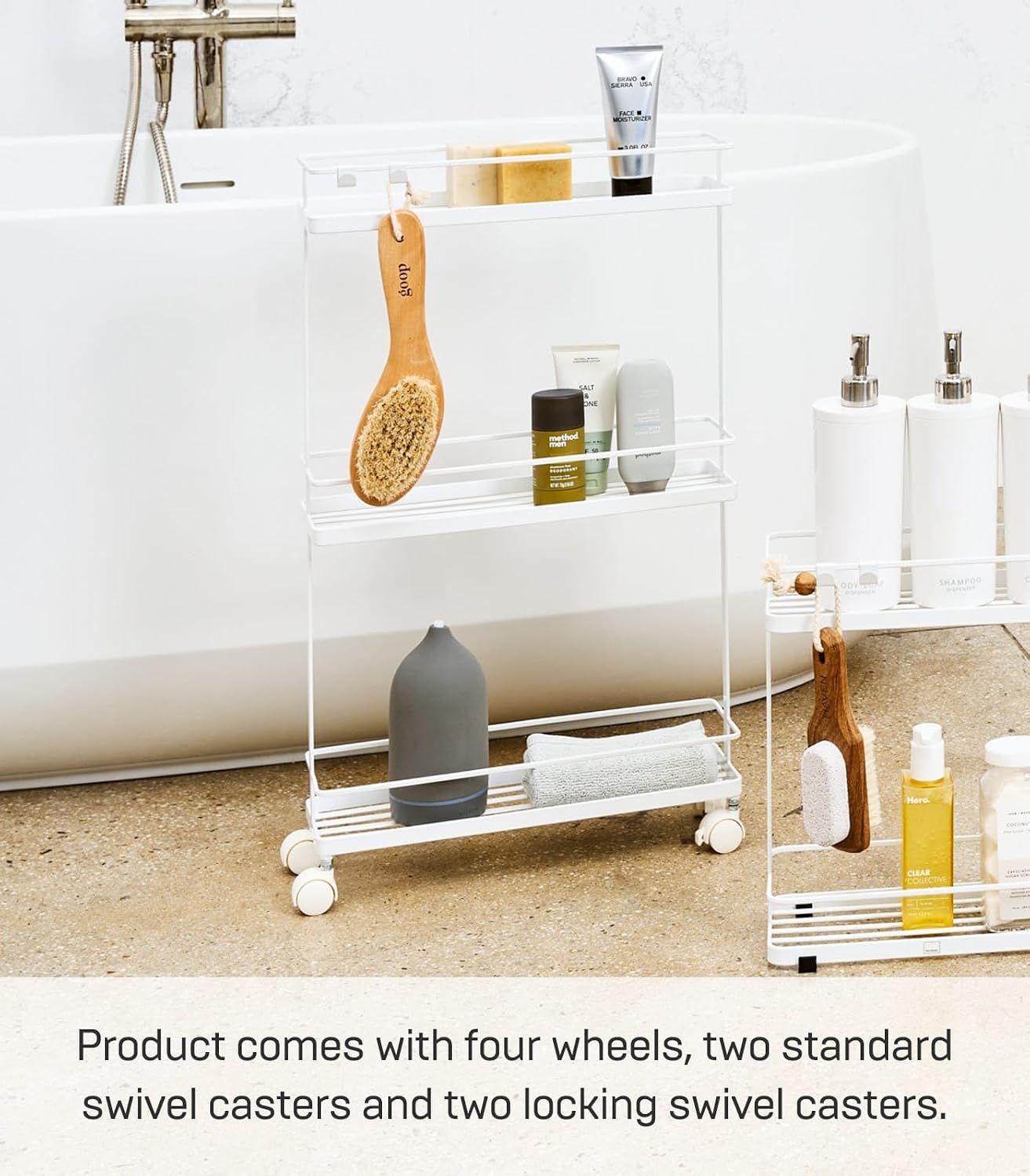 YAMAZAKI Home Tower Rolling Kitchen Island Three Tier Metal Storage Cart - Portable Organizer Shelves Utility Cart, 26" - Steel -