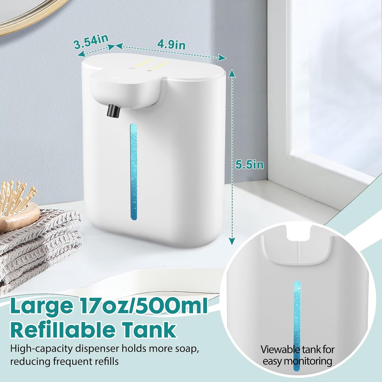 XINKORA Automatic Soap Dispenser, 17oz/500ML Large Capacity Touchless Foaming Hand Soap Dispenser with 4 Foam Adjustments, Rechargeable for Kitchen, Bathroom, Wall Mount or Countertop Use (White)