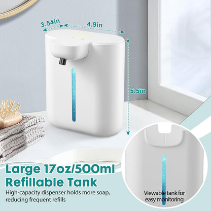 XINKORA Automatic Soap Dispenser, 17oz/500ML Large Capacity Touchless Foaming Hand Soap Dispenser with 4 Foam Adjustments, Rechargeable for Kitchen, Bathroom, Wall Mount or Countertop Use (White)