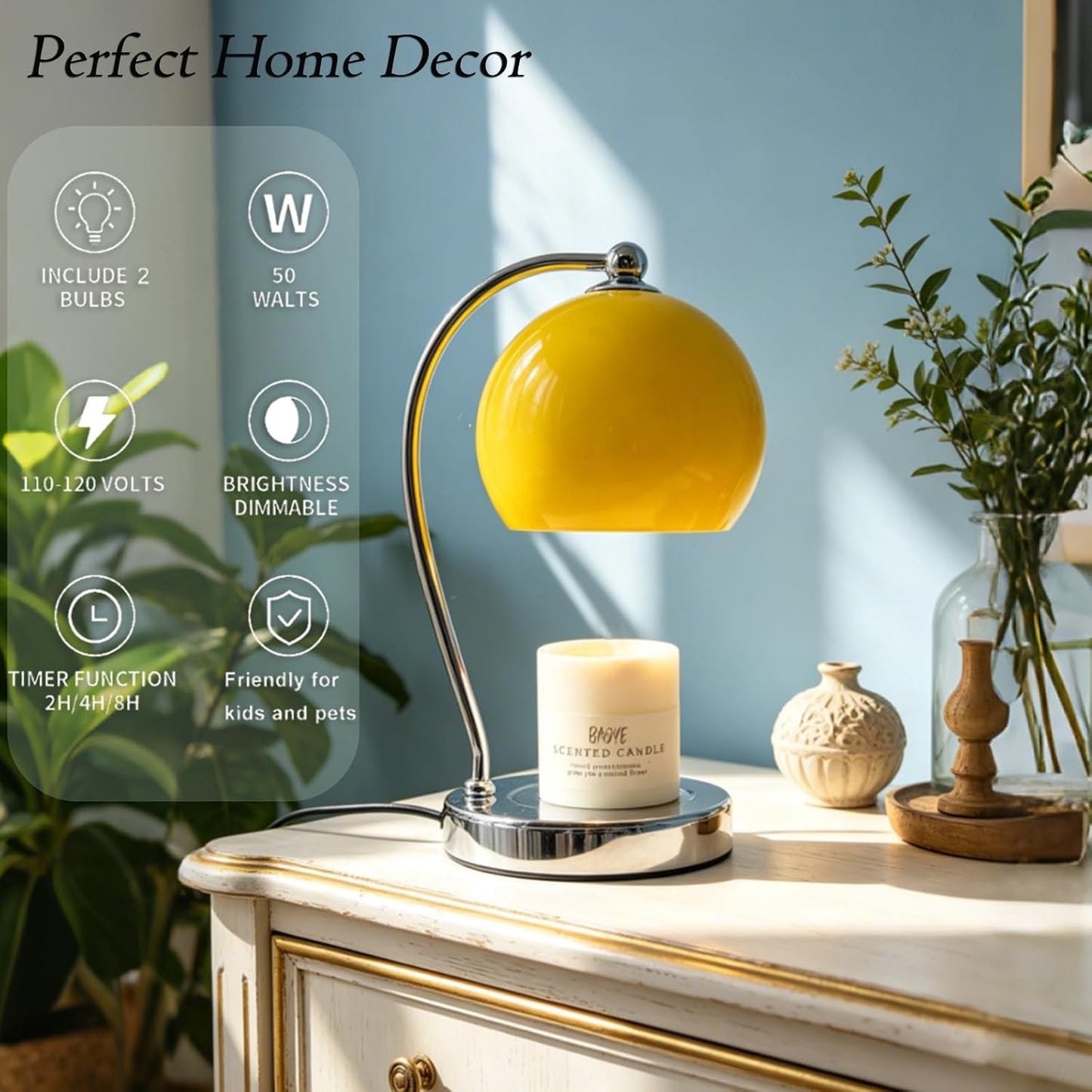 Candle Lamp Warmer, Wide Base Scented Candle Warmer with Timer and Dimmer, Modern Candle Melting Lattern, Home Decor Table Lamp (Silver)