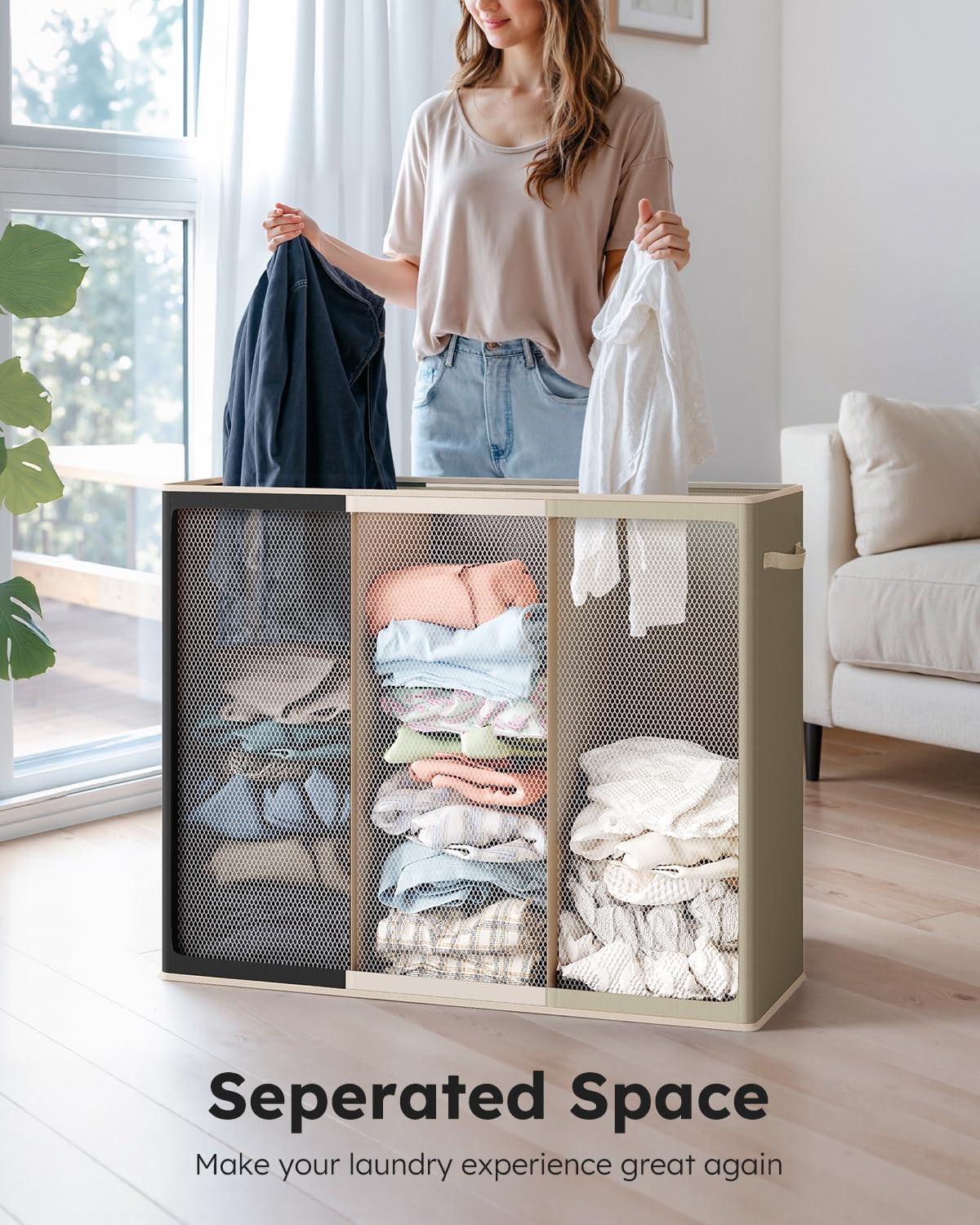 SOLEDI 180L Laundry Hamper 3 Section, Extra Large Laundry Hamper with Lid, Dirty Clothes Hamper with Sturdy Handle, Large Laundry Basket Organizer for Laundry Room, Bedroom, Hampers for Laundry