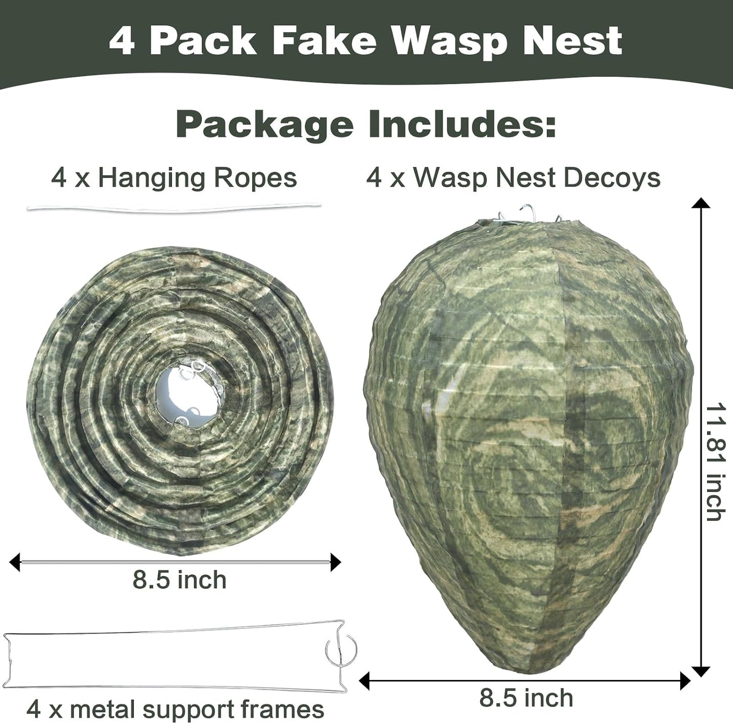 Fake Wasp Nest 4 Pack, Upgraded Waterproof Wasp Nest Decoy Outdoor Hanging, Realistic Artificial Hornet Nests with Stainless Steel Frame for Patio, Porch, Garden, Backyard, Under Eaves
