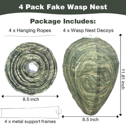 Fake Wasp Nest 4 Pack, Upgraded Waterproof Wasp Nest Decoy Outdoor Hanging, Realistic Artificial Hornet Nests with Stainless Steel Frame for Patio, Porch, Garden, Backyard, Under Eaves