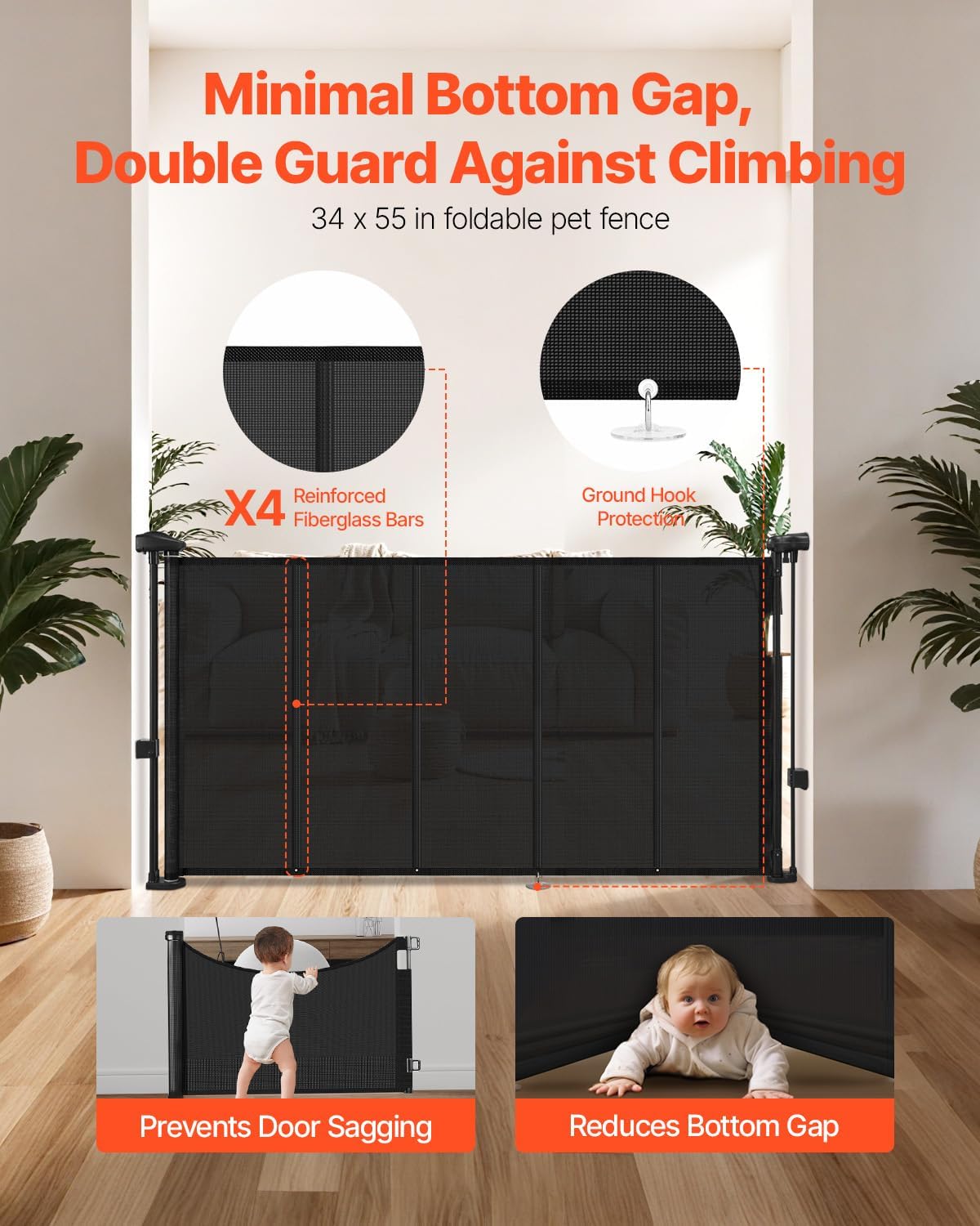 VEVOR Retractable Baby Gate, 34 inch Tall, Extends up to 71 inch Wide, Retractable Gate for Kids or Pets, Mesh Material, Easy to Install for Indoor Stairs, Doorways, Hallways, Playrooms, Gray