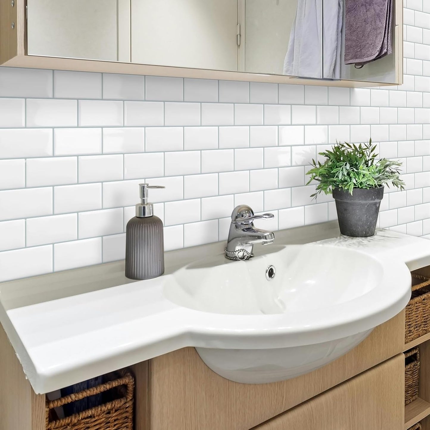 White Peel and Stick Backsplash Subway Tile 3D Brick Self Adhesvie Wall Tiles for Kitchen Bathroom Thick (10-Sheet, 12"×12") | Metro,Thick,Sticky,for Kitchen Splashbacks,Bathroom, (12"×12")