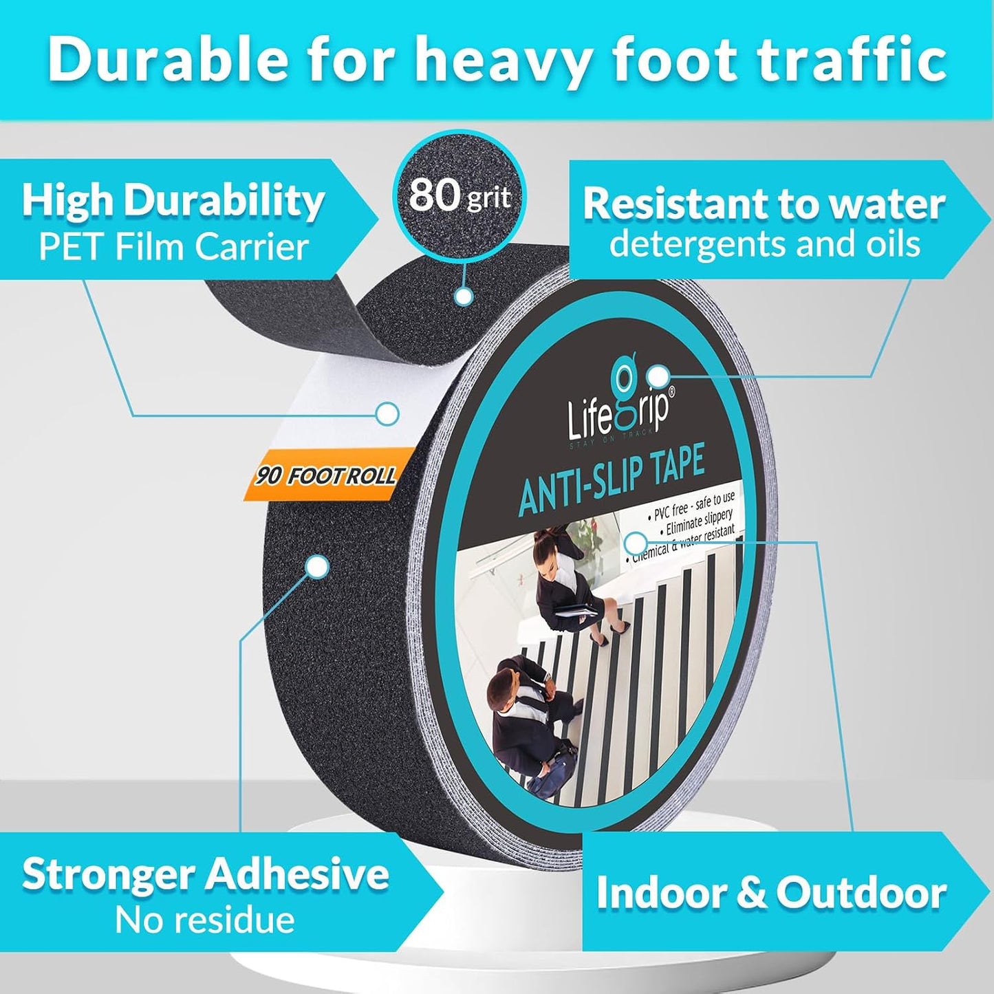 Lifegrip Anti Slip Tape, 4 Inch x 15 Foot Non-Slip Traction Grip Tape for Stairs, Waterproof Stair Treads Grip Non Slip, Non Skid Tape for Steps, Outdoor Black Grip Tape (4" X 15')