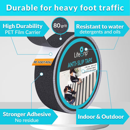 Lifegrip Anti Slip Tape, 4 Inch x 15 Foot Non-Slip Traction Grip Tape for Stairs, Waterproof Stair Treads Grip Non Slip, Non Skid Tape for Steps, Outdoor Black Grip Tape (4" X 15')