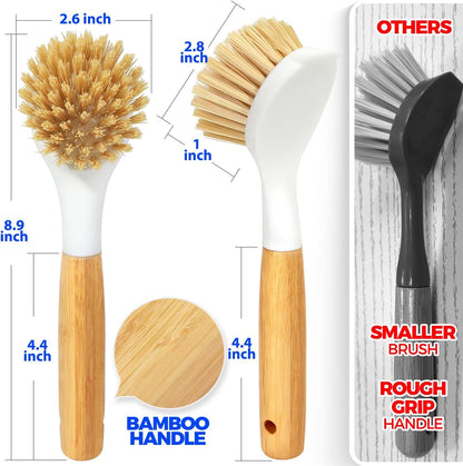 Holikme 3 Pack Dish Brush Set with Bamboo Handle, Kitchen Brushes for Cleaning Pot, Sink and Stove, Skillet Scrubber with Tough Bristles for Cast Iron Grill Pan, White Yellow Black