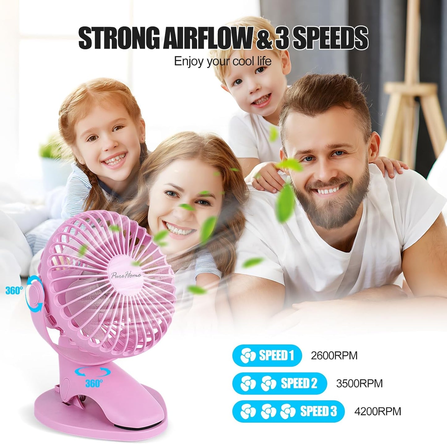 Portable Clip Fan Battery Operated,3 Speeds USB Rechargeable Mini Table Fan with Strong Airflow,360°Rotation Ultra Quiet Personal Desk Fan for Home Office Bedroom Dorm Stroller Camping(White)