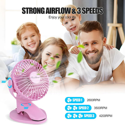 Portable Clip Fan Battery Operated,3 Speeds USB Rechargeable Mini Table Fan with Strong Airflow,360°Rotation Ultra Quiet Personal Desk Fan for Home Office Bedroom Dorm Stroller Camping(White)