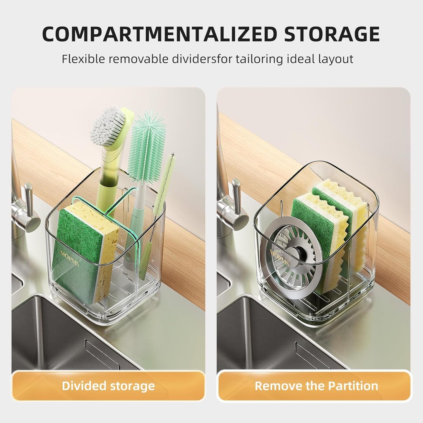 Minimalist Sponge Holder for Kitchen Sink, 3 Slots Sink Caddy with Removable Divider and Drip Tray, Clear PET Countertop Organizer to Free up Kitchen Sink Space