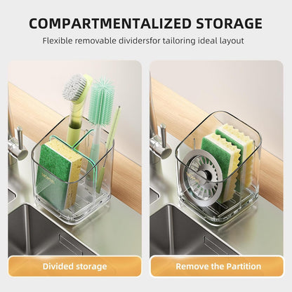 Minimalist Sponge Holder for Kitchen Sink, 3 Slots Sink Caddy with Removable Divider and Drip Tray, Clear PET Countertop Organizer to Free up Kitchen Sink Space