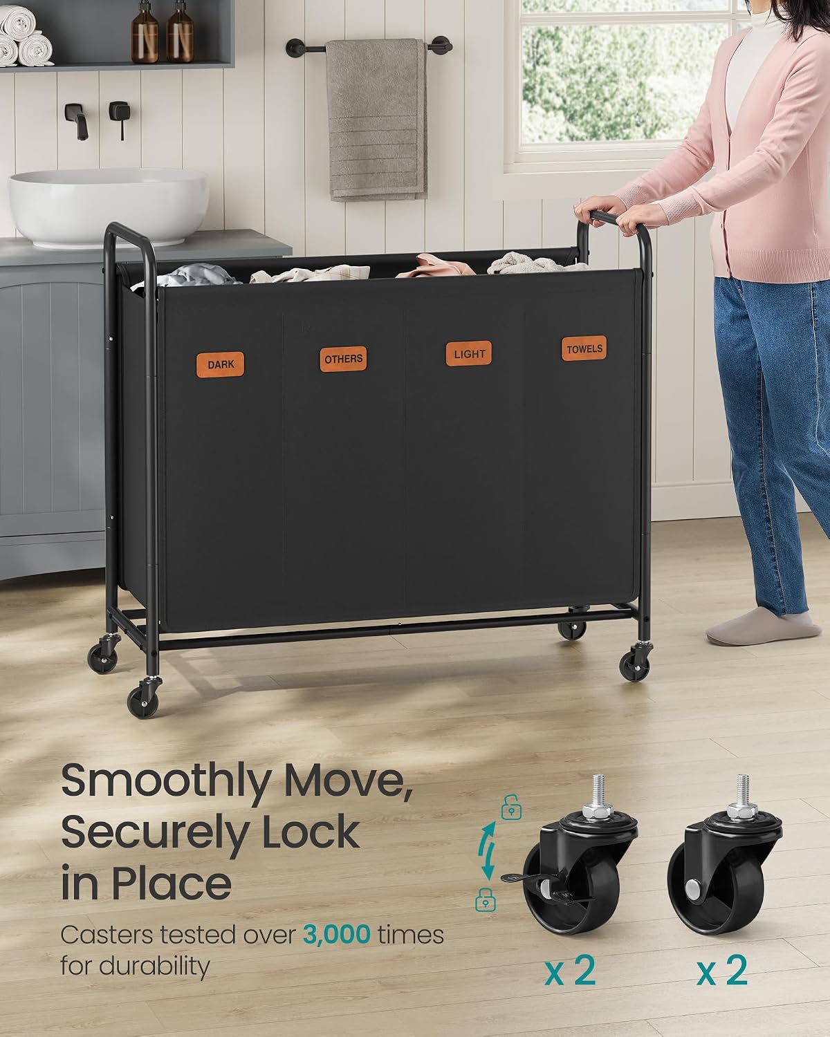 SONGMICS 3-Section Laundry Sorter, Laundry Hamper with Wheels, Rolling Clothes Hamper Cart with Large Capacity and Removable Bags, for Laundry Room, Bedroom, Bathroom, Ink Black URLS330B01