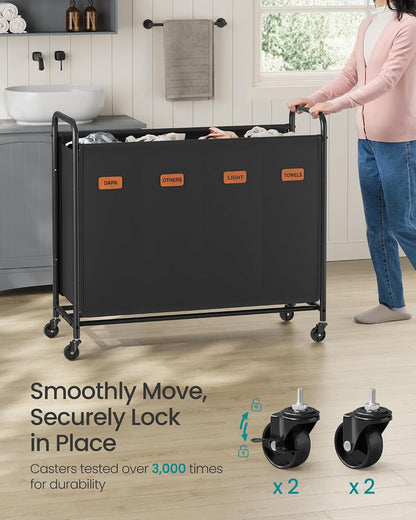 SONGMICS 3-Section Laundry Sorter, Laundry Hamper with Wheels, Rolling Clothes Hamper Cart with Large Capacity and Removable Bags, for Laundry Room, Bedroom, Bathroom, Ink Black URLS330B01