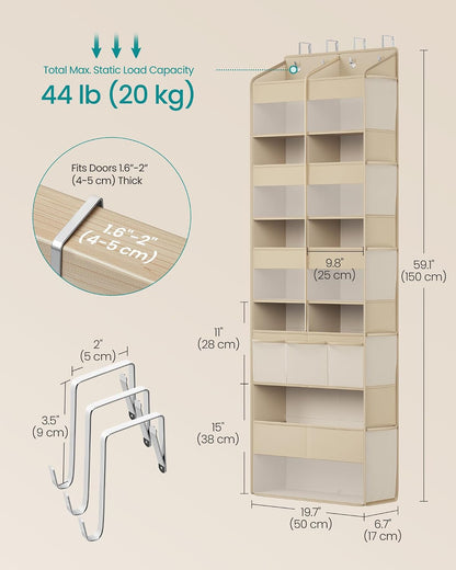 SONGMICS Over-the-Door Organizer, 9-Compartment Door Hanging Storage Shelf, Foldable Closet Hanging Organizer, Heavy-Duty, Metal Hooks, Transparent, Dove Gray URDH009GD01