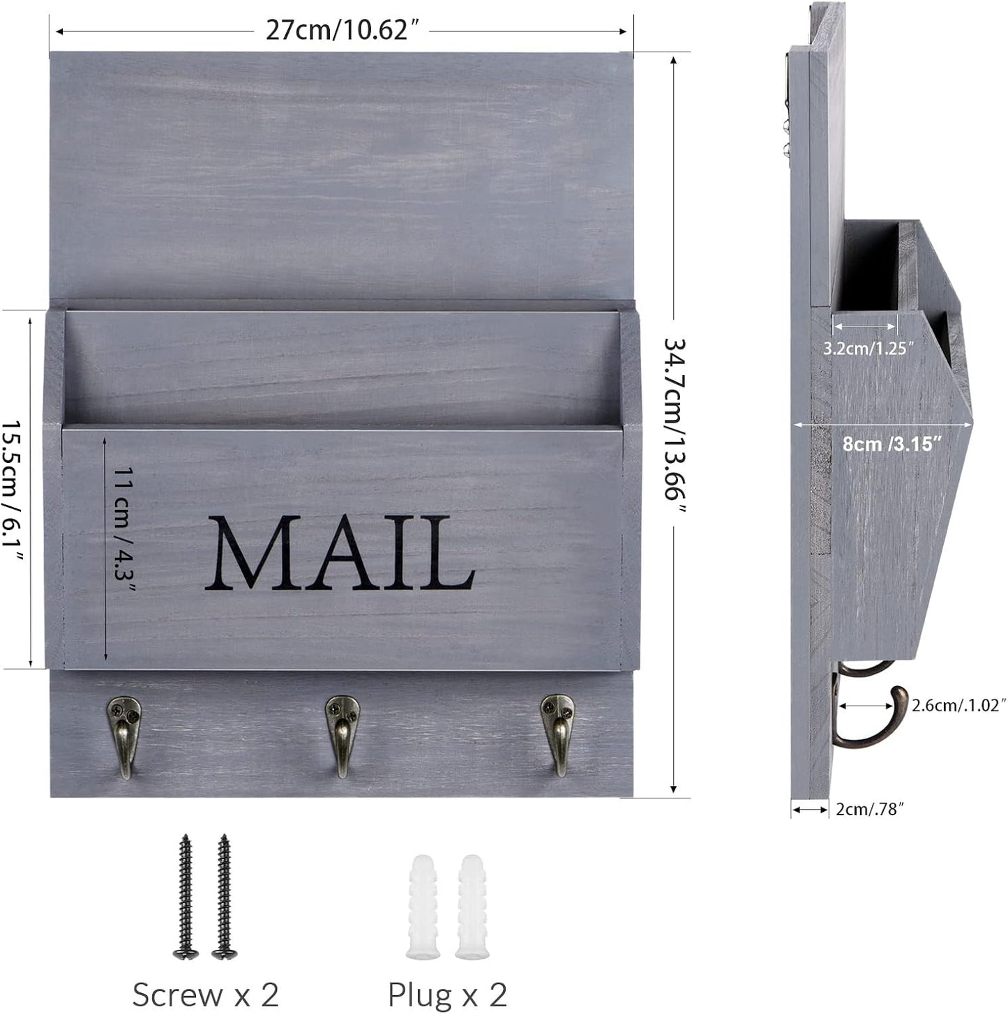 DLQuarts Mail Organizer with Key Holder for Wall, Mail Sorter Wall Mounted, Decorative Wooden Key and Mail Holder with 3 Hooks, Black