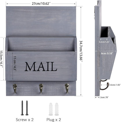 DLQuarts Mail Organizer with Key Holder for Wall, Mail Sorter Wall Mounted, Decorative Wooden Key and Mail Holder with 3 Hooks, Black