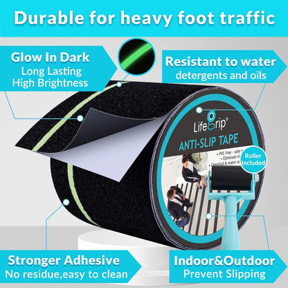 Lifegrip Anti Slip Tape, 4 Inch x 15 Foot Non-Slip Traction Grip Tape for Stairs, Waterproof Stair Treads Grip Non Slip, Non Skid Tape for Steps, Outdoor Black Grip Tape (4" X 15')