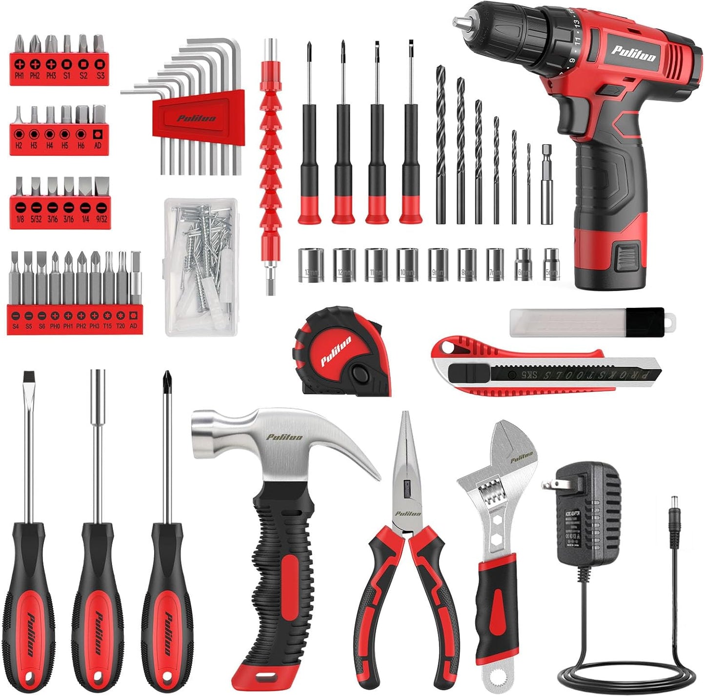 PULITUO Drill Set, 149-Piece Home Tool Set with 12V Pink Cordless Drill, Tool Box, Hand Tool Kits for Women & Men and DIY Enthusiasts, for Home Improvement