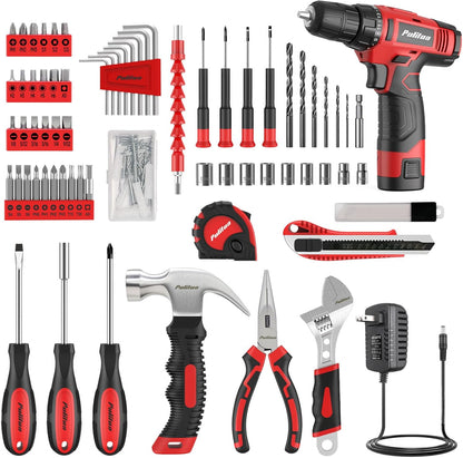 PULITUO Drill Set, 149-Piece Home Tool Set with 12V Pink Cordless Drill, Tool Box, Hand Tool Kits for Women & Men and DIY Enthusiasts, for Home Improvement