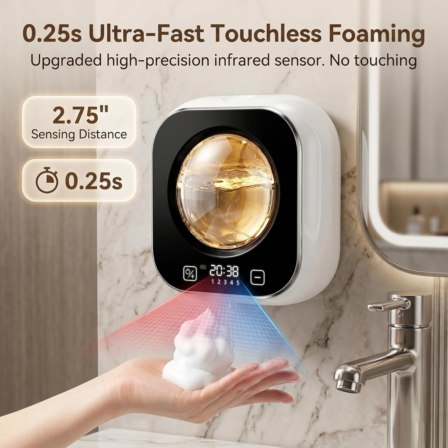 Automatic Foam Soap Dispenser Bathroom,Wall Mounted Touchless Foaming Soap Dispenser Rechargeable with Smart LCD Display & 5-Level Adjustable Foam,Electric Dispenser for Kitchen Office (White)