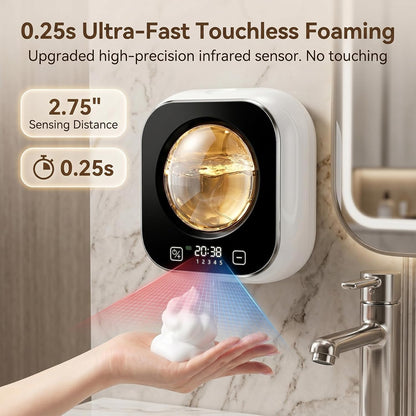 Automatic Foam Soap Dispenser Bathroom,Wall Mounted Touchless Foaming Soap Dispenser Rechargeable with Smart LCD Display & 5-Level Adjustable Foam,Electric Dispenser for Kitchen Office (White)