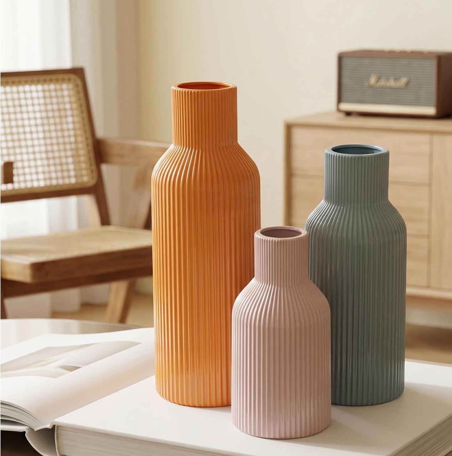 White Ceramic Flower Vases Set of 3, Modern Matte Vertical Ribbed, Nordic Minimalist Decor for Pampas, Dried & Fresh Flowers, Centerpiece for Living Room, Shelf, Entryway, Wedding,Office