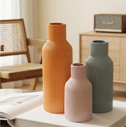 White Ceramic Flower Vases Set of 3, Modern Matte Vertical Ribbed, Nordic Minimalist Decor for Pampas, Dried & Fresh Flowers, Centerpiece for Living Room, Shelf, Entryway, Wedding,Office