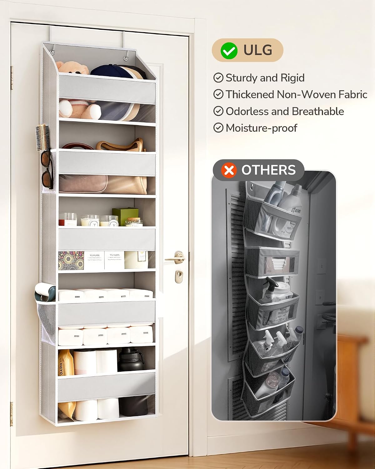 ULG 1 Pack Over Door Organizer with 5 Large Pockets 10 Mesh Side Pockets, Upgraded Linen Texture Over The Door Storage, 44 lbs Weight Capacity Hanging Storage Organizer, Ivory