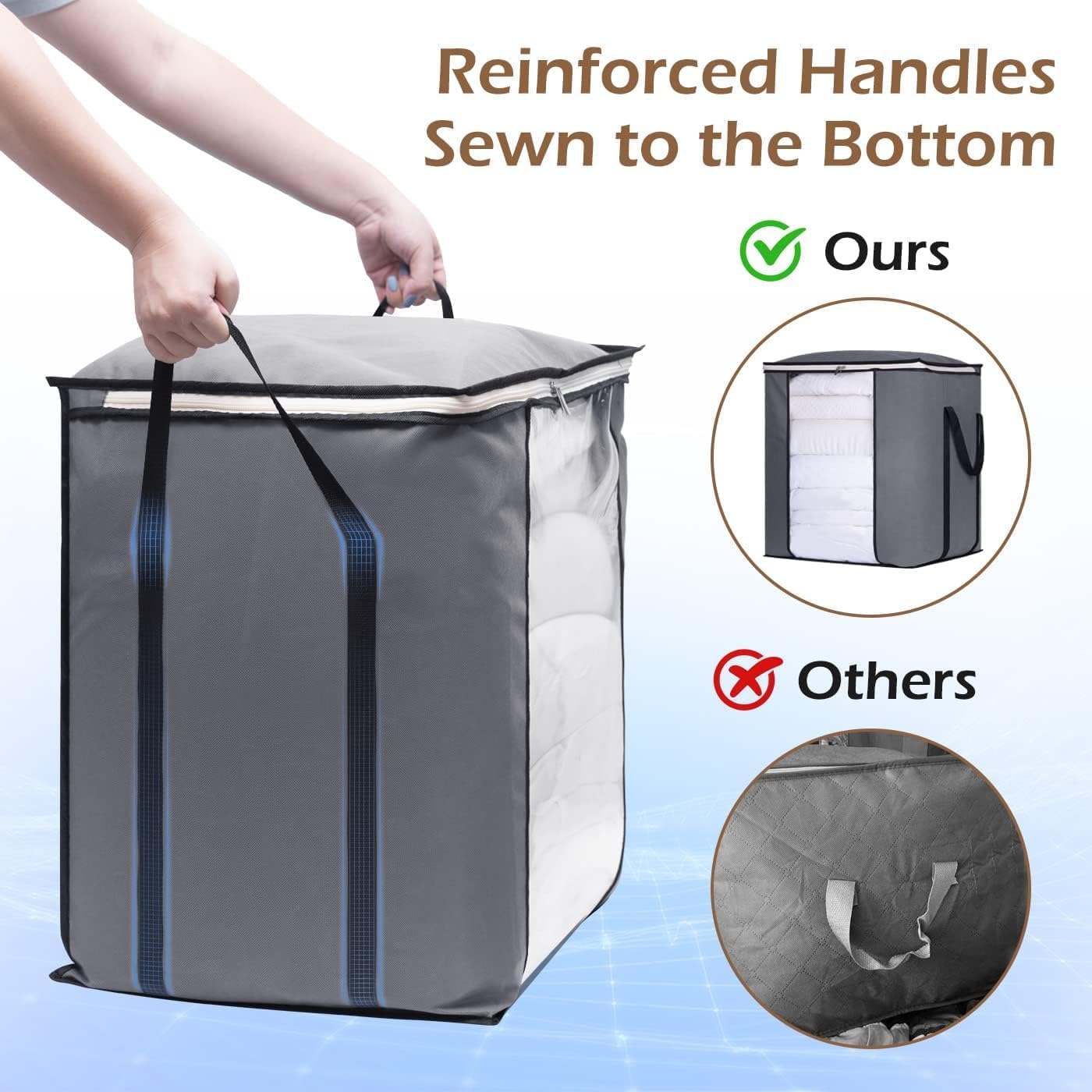 KEETDY 120L Extra Large Blanket Storage Bags Breathable Clothes Storage Containers with Reinforced Handles, Fabric Canvas Storage Bags for Beddings, Grey