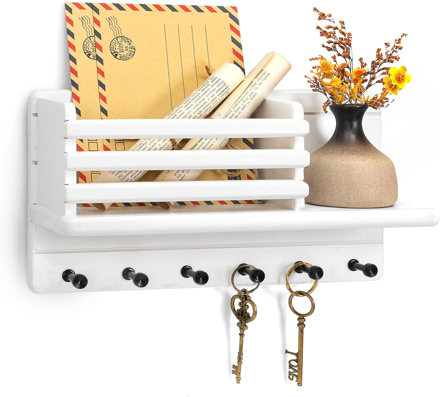Rebee Vision Pine Wood Key Holder Wall Mount for Room Decor– 6 Hooks for Umbrella & Hats - Wooden Key Holder for Wall with Mail Slot Can Store Letters and Postcard (Green)