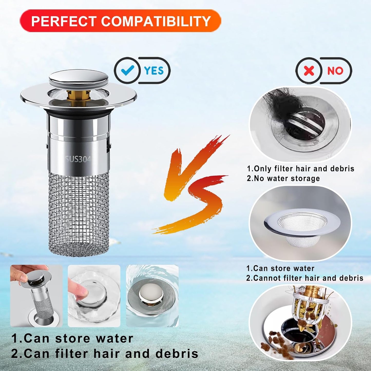 Bathroom Sink Stopper 2Pcs,Sink Drain Strainer,Hair Catcher with Removable Stainless Steel Filter Basket,Universal Sink Plug,Suitable for Most Sinks,Washbasin,Bathtubs