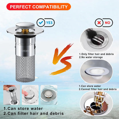Bathroom Sink Stopper 2Pcs,Sink Drain Strainer,Hair Catcher with Removable Stainless Steel Filter Basket,Universal Sink Plug,Suitable for Most Sinks,Washbasin,Bathtubs