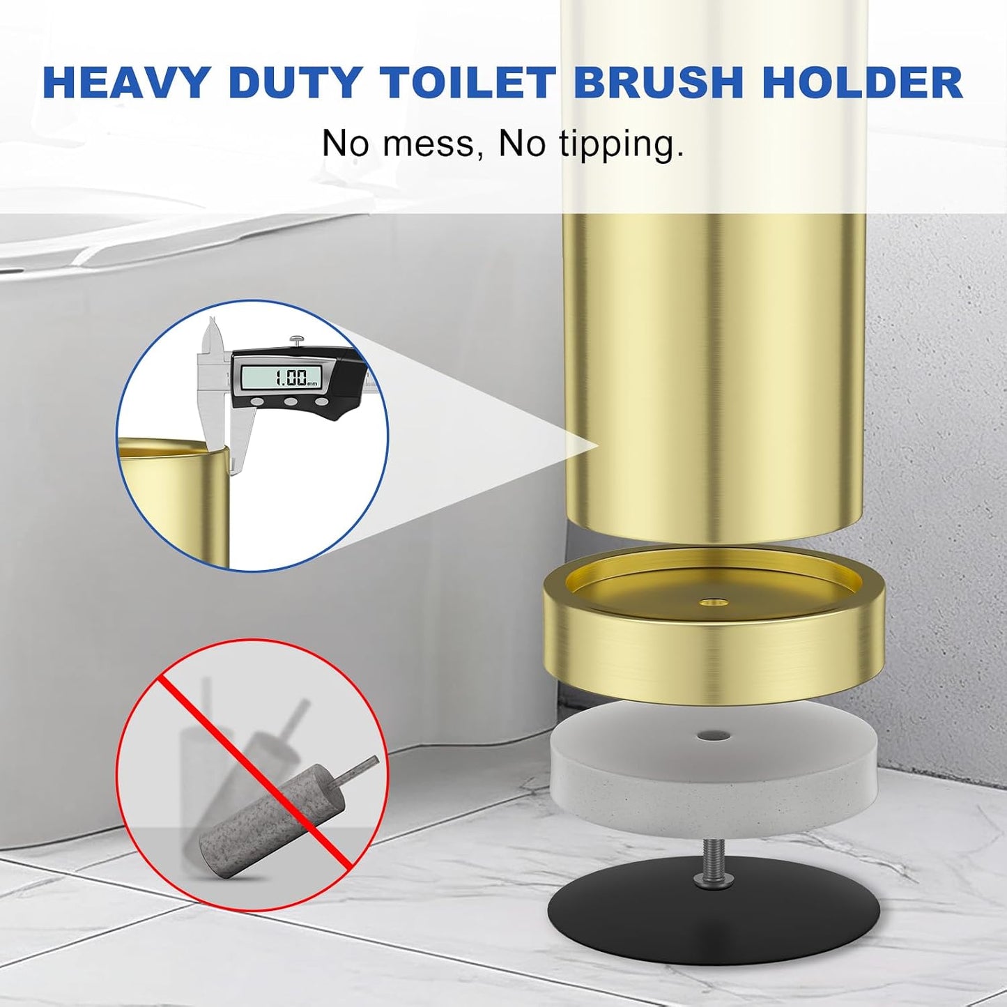 Brushed Nickel Toilet Brush and Holder Set, 304 Stainless Steel Toilet Brush for Bathroom, Heavy Duty Toilet Bowl Brush with Holder, Removable Inner Bowl and Splash Protection, Long Handle