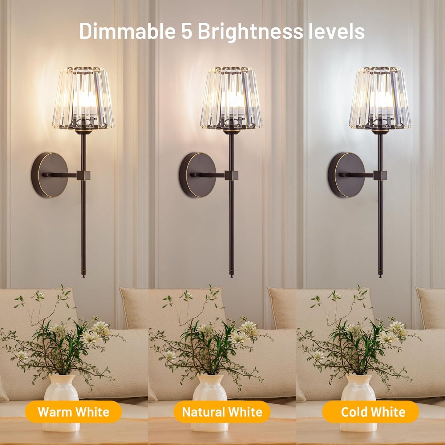 Crystal Battery Operated Wall Sconces Set of 2, Gold Rechargeable Wireless Wall Sconce Lights with Crystal Lampshade, 12 RGB and 3CCT Dimmable Wall Lamps with Remote for Bedroom Living Room Hallway