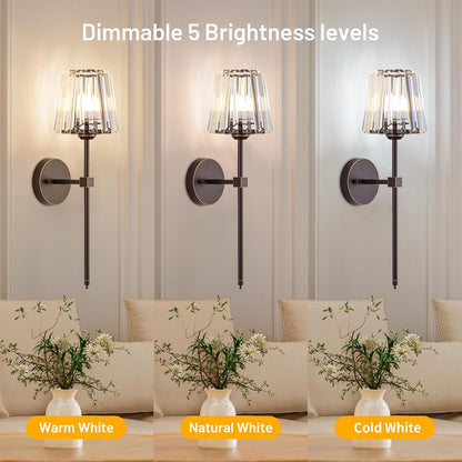 Crystal Battery Operated Wall Sconces Set of 2, Gold Rechargeable Wireless Wall Sconce Lights with Crystal Lampshade, 12 RGB and 3CCT Dimmable Wall Lamps with Remote for Bedroom Living Room Hallway